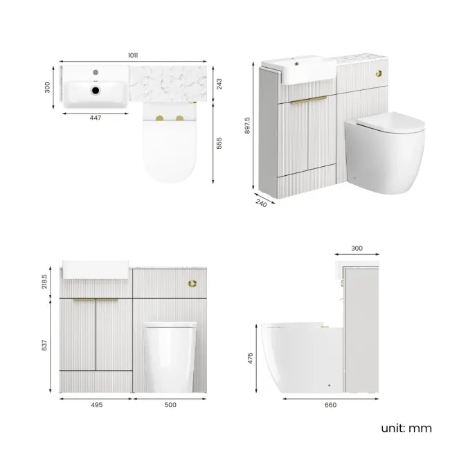Sicily Fluted Coastal White Combination Vanity Basin with Marble Top & Utah Comfort Height Toilet 1000mm - Brushed Brass Accents