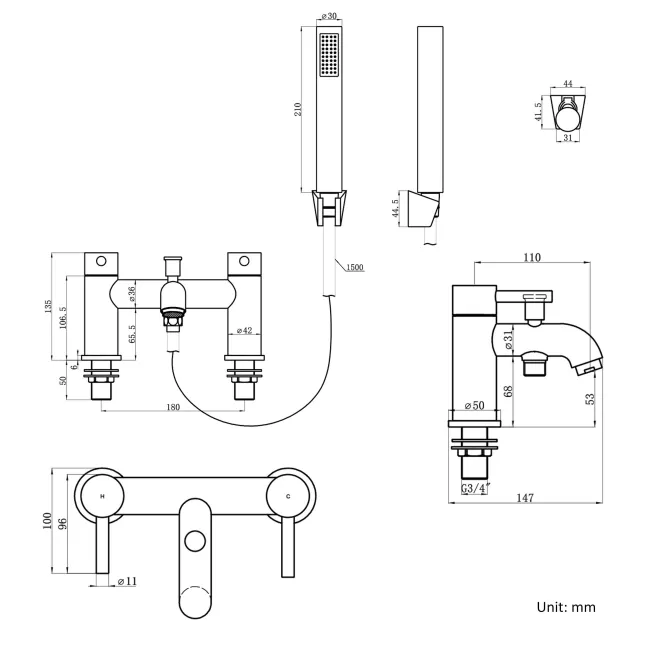 Trent Brushed Brass Bath Filler & Handheld Shower
