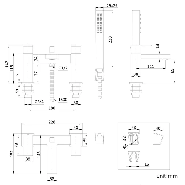 Tamar Chrome Bath Filler & Handheld Shower