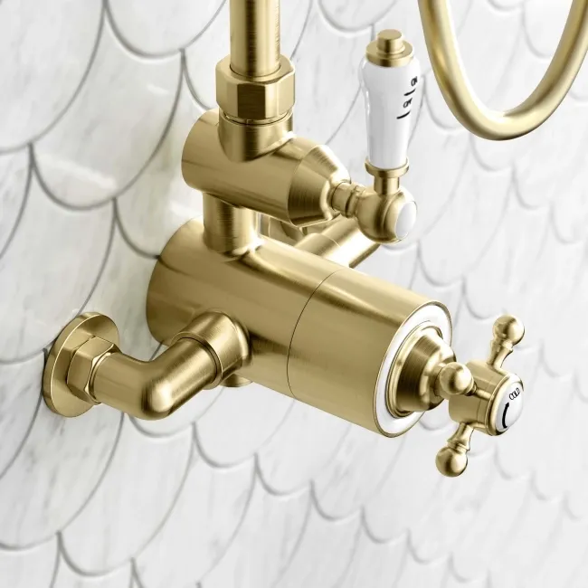 Shannon Brushed Brass Traditional Thermostatic Shower Set with Hand Shower and Soap Dish