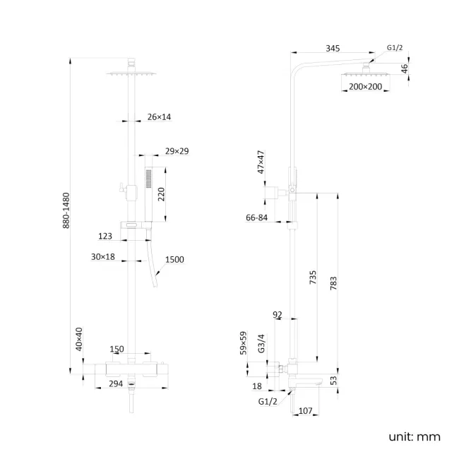 Skye Square Brushed Brass Thermostatic Bath Filler Shower Set