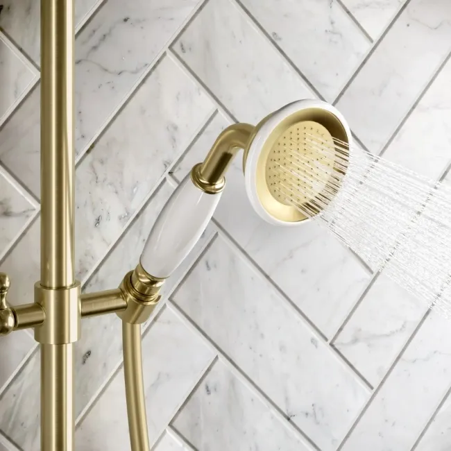 Nevis Brushed Brass Traditional Thermostatic Shower Set with Hand Shower
