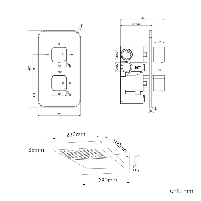 Galway Premium Chrome Square Thermostatic Waterfall Shower Set