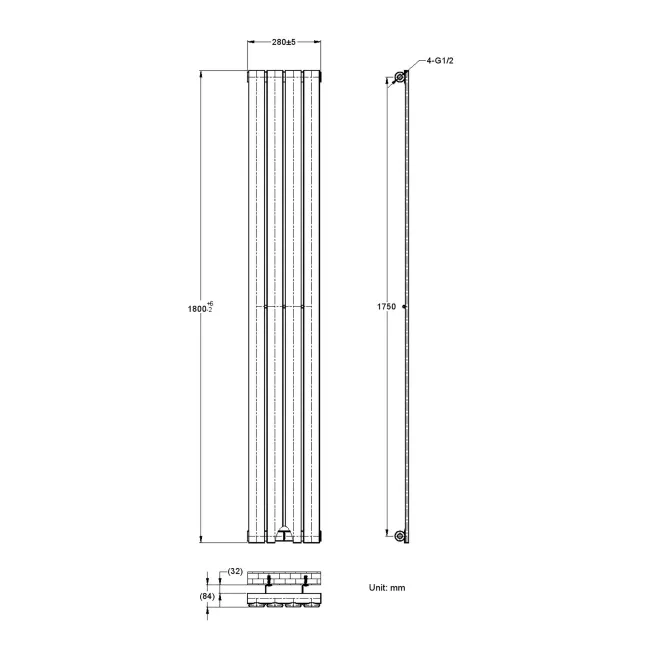 Faro Matt Black Single Flat Panel Vertical Radiator 1800x280mm