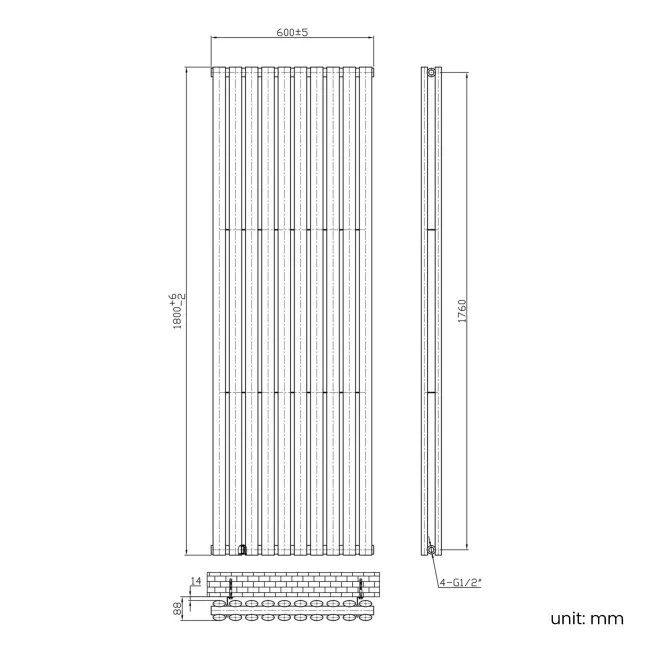 Marbella Matt Black Double Oval Panel Radiator 1800x600mm
