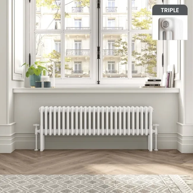 Athens White Triple Column Horizontal Traditional Radiator 300x1190mm