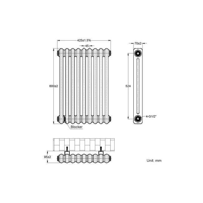 Athens Matt Black Double Column Horizontal Traditional Radiator 600x425mm
