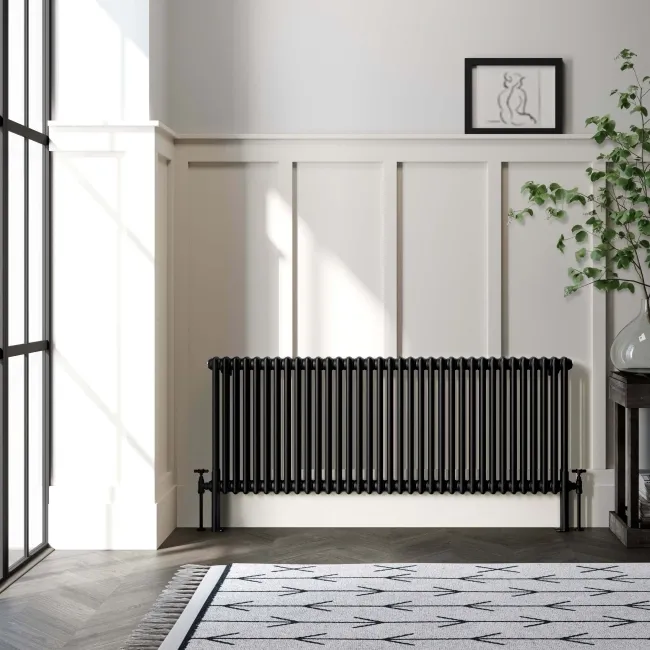 Athens Matt Black Double Column Horizontal Traditional Radiator 600x1595mm