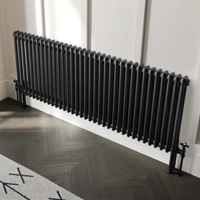 Athens Matt Black Double Column Horizontal Traditional Radiator 600x1595mm