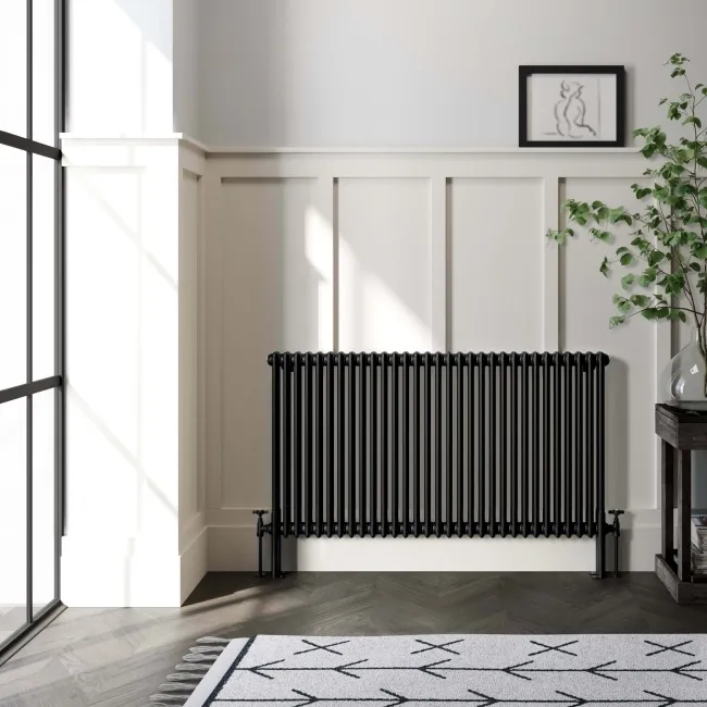 Athens Matt Black Double Column Horizontal Traditional Radiator 750x1415mm