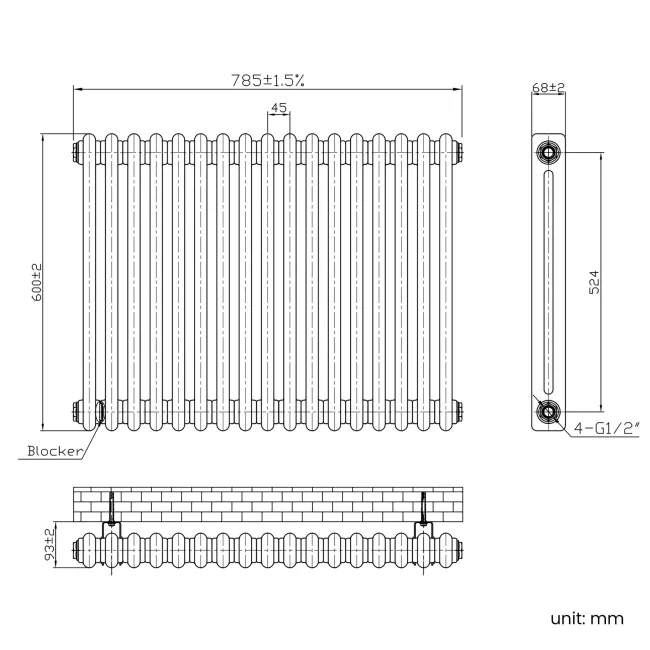 Athens Inky Blue Double Column Horizontal Traditional Radiator 600x785mm