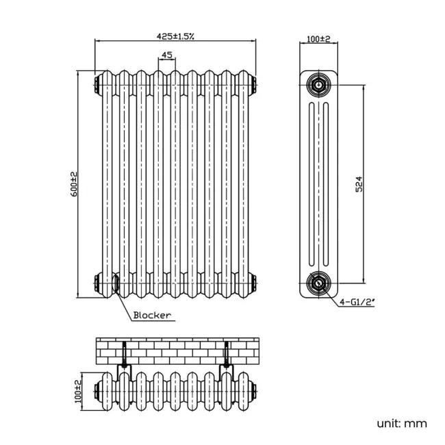 Athens Antique Gold Triple Column Horizontal Traditional Radiator 600x425mm
