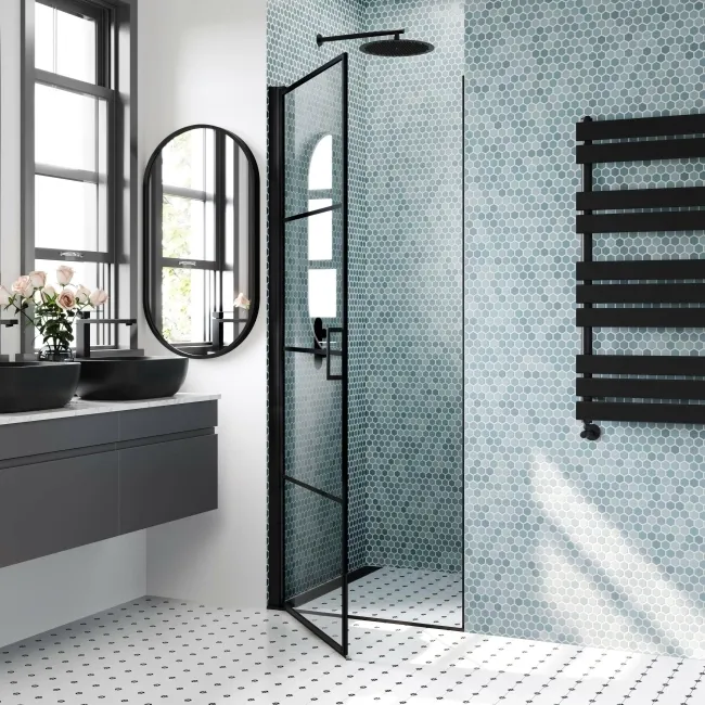 Toulon Matt Black Grid Easy Clean 6mm Pivot Shower Door 800mm