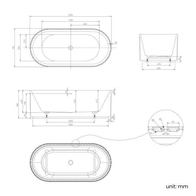 Brent 1700mm Fluted Matt White Freestanding Bath