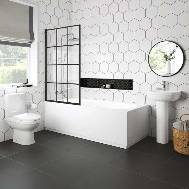 Zurich Easy Clean Matt Black Grid Bath Screen - 800mm