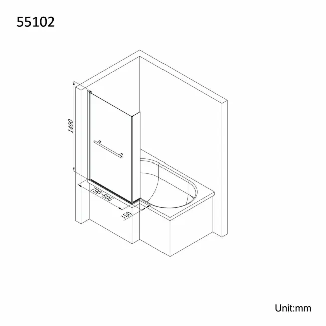 6mm L Shaped Easy Clean Bath Screen with Towel Rail - Matt Black