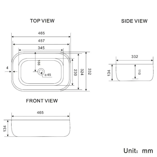 Carolina Matt Black Curved Rectangular Counter Top Basin 465mm