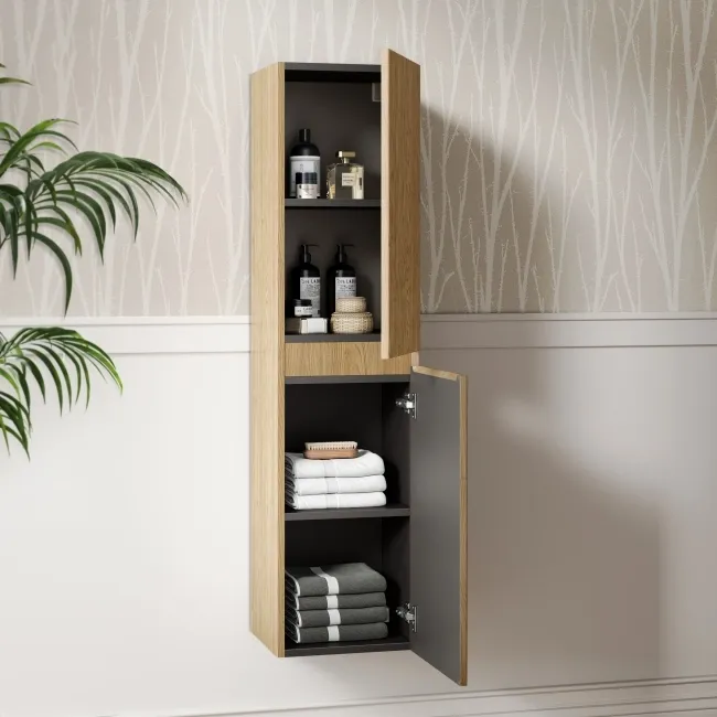 Malta Fluted Country Oak Wall Hung Tall Cabinet 1400x350mm