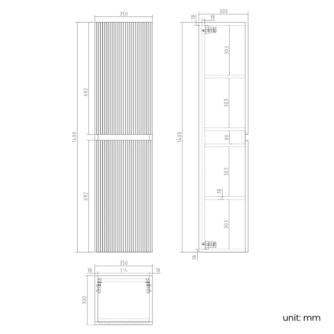 Malta Fluted Country Oak Wall Hung Tall Cabinet 1400x350mm