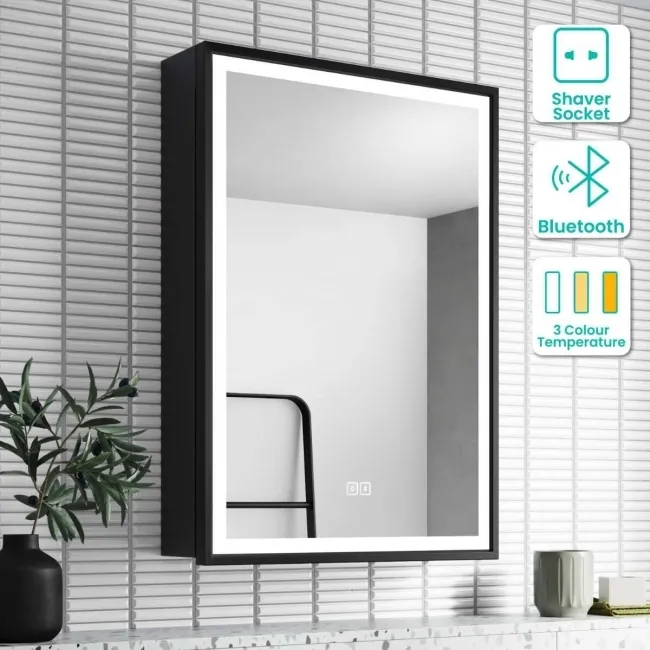 Mia Black Framed Illuminated LED Mirror Cabinet With BLUETOOTH Speaker 710x500mm