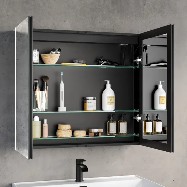 Selma Matt Black Illuminated LED Recessed Mirror Cabinet 700x800mm