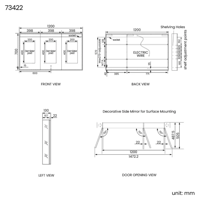 Esme Matt Black Illuminated LED Recessed Mirror Cabinet 700x1200mm