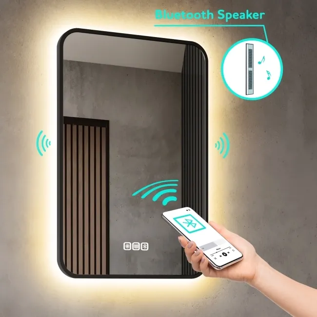 Mila Black Framed Backlit Illuminated LED Mirror With BLUETOOTH Speaker 600x400mm