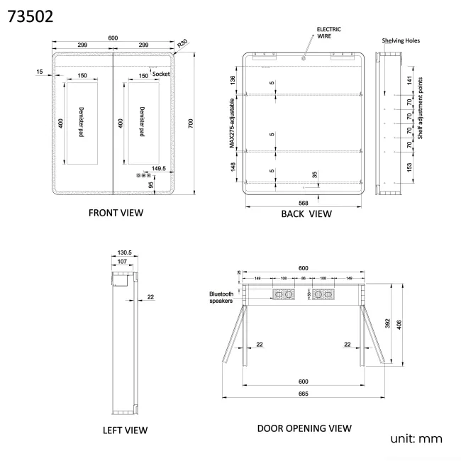 Aurora Matt Black Illuminated LED Mirror Cabinet With BLUETOOTH Speaker 700x600mm