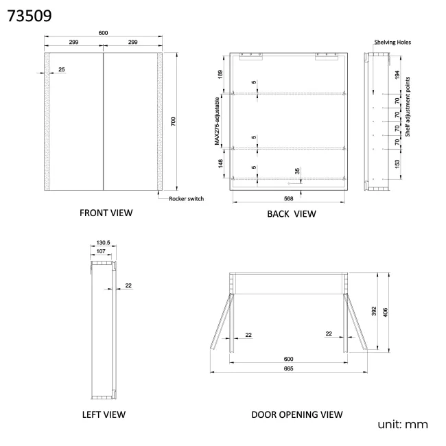 Selma Battery Operated Matt Black Illuminated LED Mirror Cabinet 700x600mm