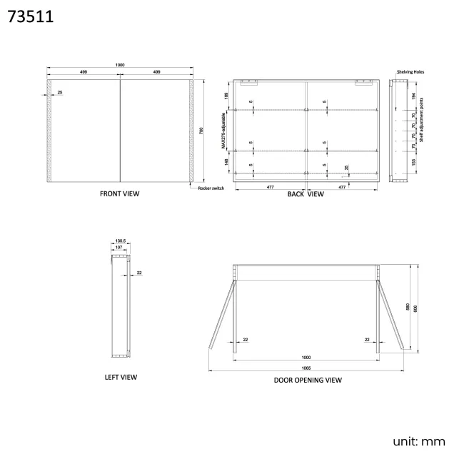 Selma Battery Operated Matt Black Illuminated LED Mirror Cabinet 700x1000mm