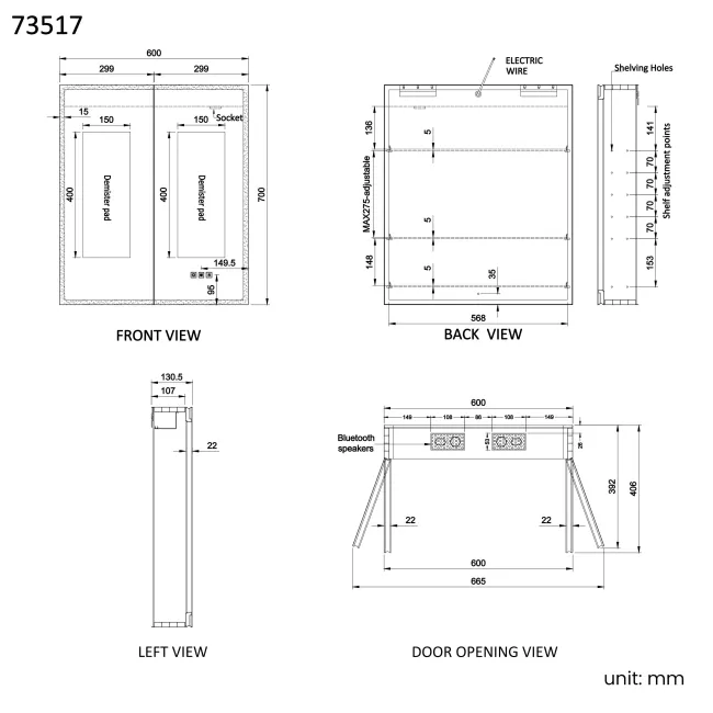 Esme Matt Black Illuminated LED Mirror Cabinet With BLUETOOTH Speaker 700x600mm