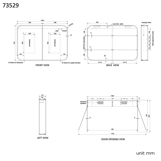 Willow Illuminated LED Mirror Cabinet With BLUETOOTH Speaker & USB Port 700x1000mm
