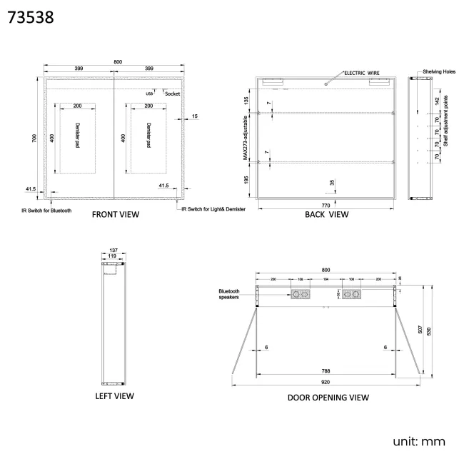Margot Illuminated LED Mirror Cabinet With BLUETOOTH Speaker & USB Port 700x800mm