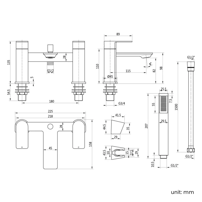 Lune Brushed Brass Basin & Shower Bath Mixer Tap Set