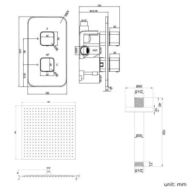 Galway Premium Ceiling Matt Black Square Thermostatic Shower Set - 400mm Head