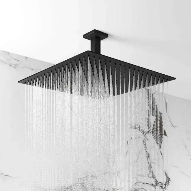 Galway Premium Ceiling Matt Black Square Thermostatic Set - 400mm Head, Hand Shower & Jets