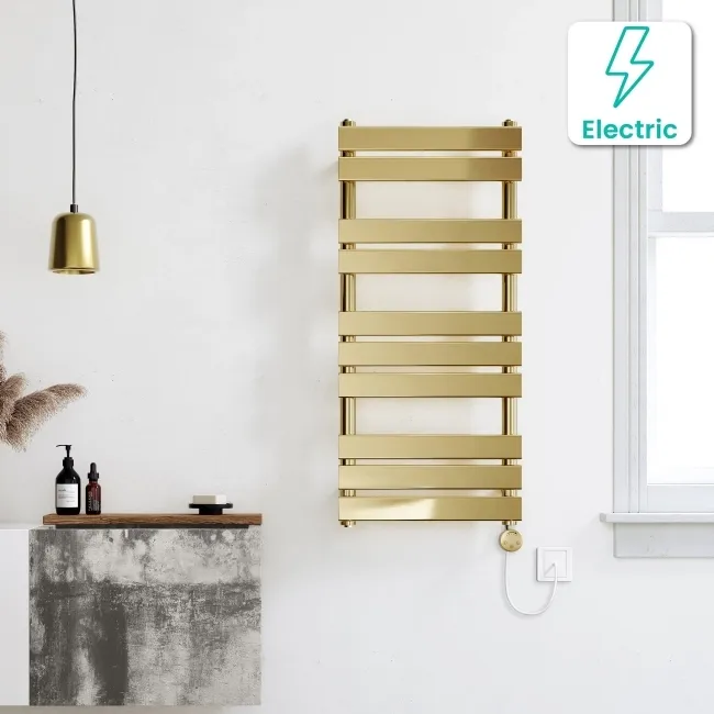 Santorini Electric Brushed Brass Flat Panel Heated Towel Rail 1000x450mm
