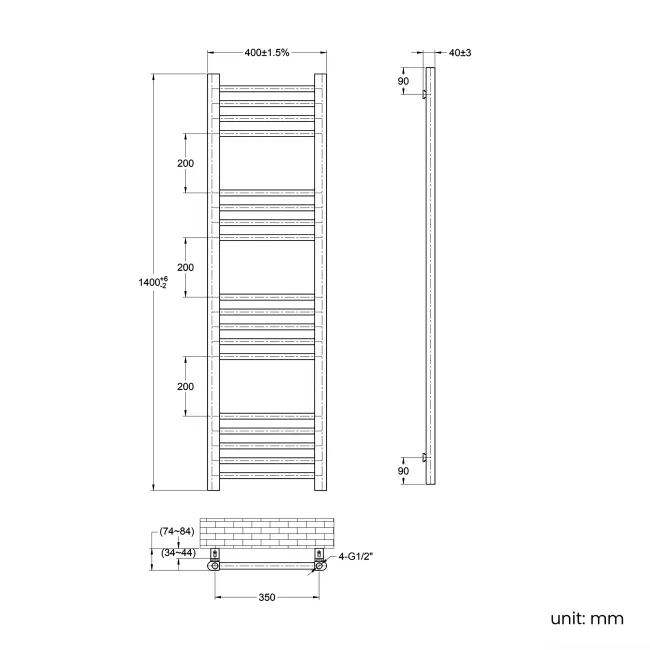 Barcelona Electric Brushed Brass Straight Heated Towel Rail 1400x400mm