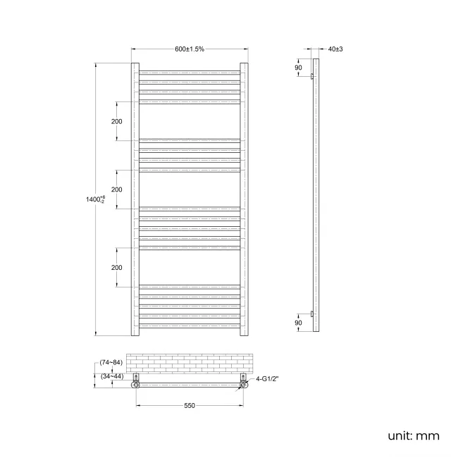 Barcelona Electric Brushed Brass Straight Heated Towel Rail 1400x600mm