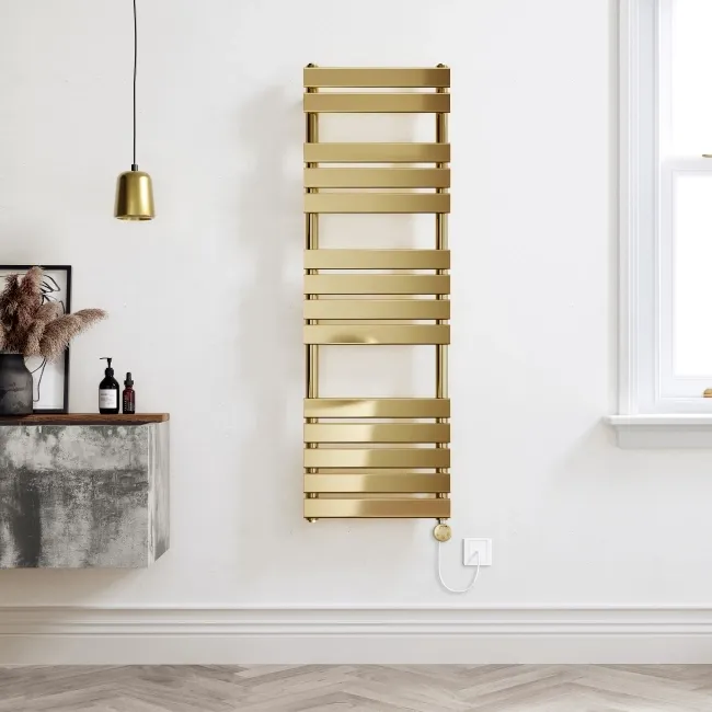Santorini Electric Brushed Brass Flat Panel Heated Towel Rail 1400x450mm