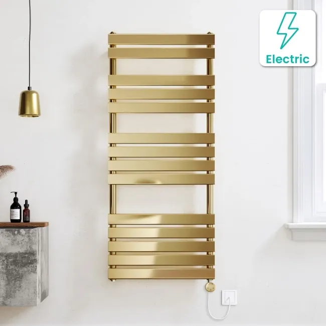 Santorini Electric Brushed Brass Flat Panel Heated Towel Rail 1400x600mm