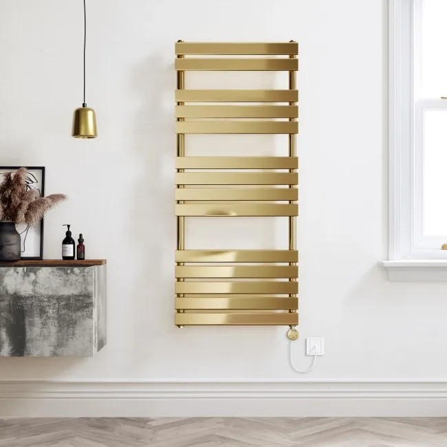 Santorini Electric Brushed Brass Flat Panel Heated Towel Rail 1400x600mm