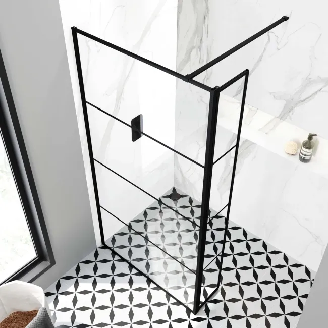 Munich Matt Black Grid 8mm Wet Room Shower Glass 1000mm & 250mm Pivotal Return Panel