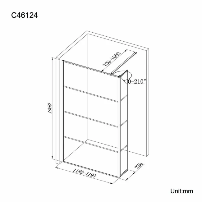 Munich Matt Black Grid 8mm Wet Room Shower Glass 1200mm & 250mm Pivotal Return Panel