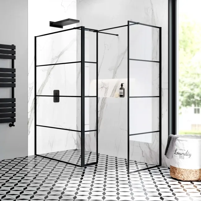 Munich Matt Black Grid 8mm Walk In Shower Enclosure 1200mm & 700mm Glass with Pivotal Return Panel