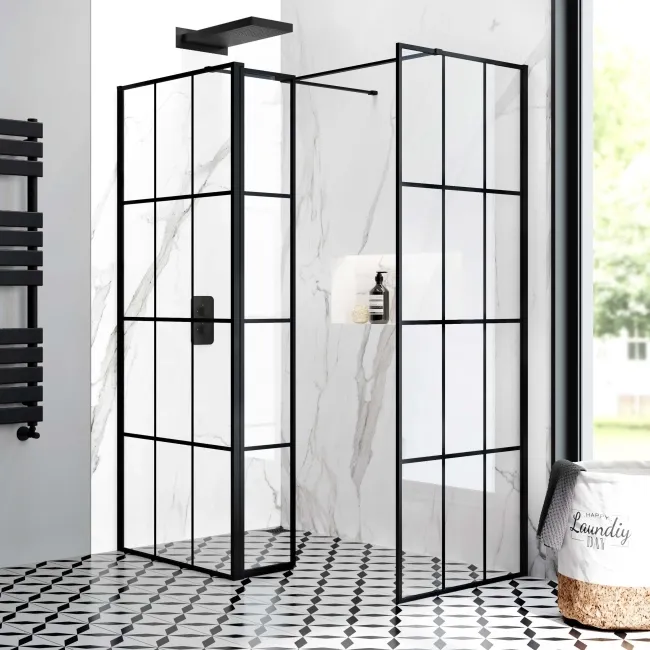 Munich Matt Black Grid 8mm Walk In Shower Enclosure 800mm & 700mm Glass with Pivotal Return Panel