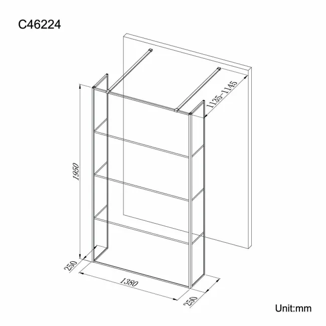 Munich Matt Black Grid 8mm Walk Through Wet Room Shower Glass Panel 1400mm & 250mm Return Panel