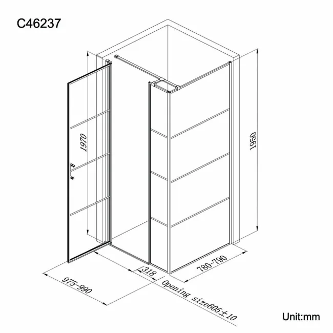 Toulon Matt Black Grid Easy Clean 6mm Pivot Shower Enclosure 1000x800mm