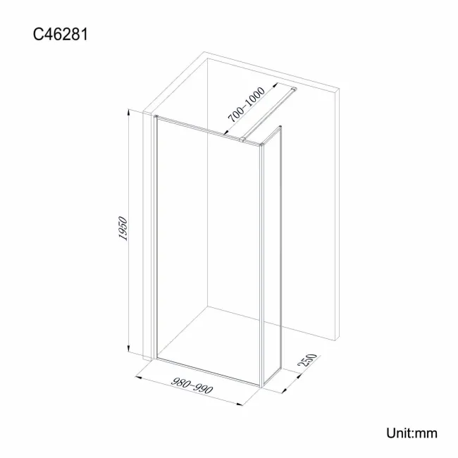 Munich Matt Black Framed 8mm Wet Room Shower Glass 1000mm & 250mm Return Panel