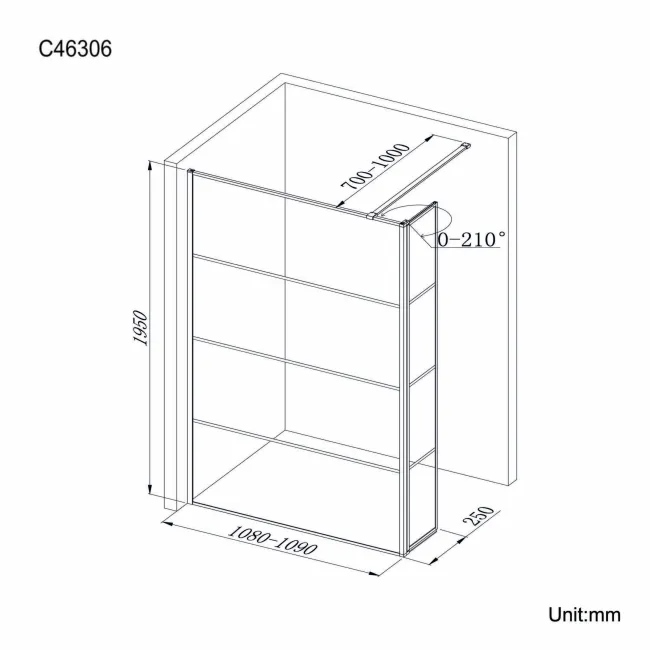 Munich Matt Black Grid 8mm Wet Room Shower Glass 1100mm & 250mm Pivotal Return Panel